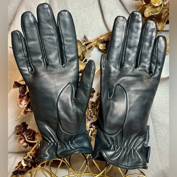 Moncler Black GUANTI Quilted Leather Wool Women’s Gloves Size Medium - Picture 2 of 11